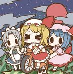  &gt;_&lt; :d adomi apron bicycle blue_dress blush_stickers braid chibi closed_eyes cloud dress flandre_scarlet frog full_moon ground_vehicle hair_ribbon hat hat_ribbon izayoi_sakuya maid maid_headdress millipen_(medium) mob_cap moon multiple_girls night open_mouth pink_dress red_dress red_moon remilia_scarlet ribbon riding sash siblings side_ponytail sisters sky smile solid_circle_eyes star_(sky) starry_sky touhou traditional_media twin_braids waist_apron wavy_mouth wings 