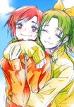  blush closed_eyes day hino_akane_(smile_precure!) hug hug_from_behind looking_at_viewer midorikawa_nao multiple_girls orange_shirt precure red_eyes red_hair shirt sky smile smile_precure! tima 