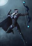 1girl armor arrow bow breasts dark_elf defense_of_the_ancients drow_ranger elf green_eyes large_breasts long_hair pointy_ears traxex weapon white_hair 