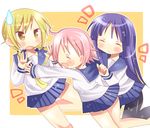  ahoge blonde_hair blue_sailor_collar blush closed_eyes hinata_yukari ichii_yui long_hair multiple_girls nonohara_yuzuko open_mouth pink_hair pleated_skirt purple_hair sailor_collar school_uniform school_uniform_(yuyushiki) serafuku short_hair skirt smile sumika_(surumiika) sweatdrop yellow_eyes yuyushiki 