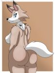 anthro anthrofied big_butt blue_eyes breasts brown_body brown_fur butt female fur generation_7_pokemon hi_res looking_at_viewer looking_back lycanroc midday_lycanroc multicolored_body multicolored_fur nintendo pokemon pokemon_(species) solo thewholof554 white_body white_fur