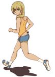  androgynous ass blonde_hair from_behind full_body green_eyes inazuma_eleven inazuma_eleven_(series) male_focus miyasaka_ryou pogemi running short_shorts shorts solo tank_top 