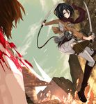  ass black_eyes black_hair boots cafekun dual_wielding emblem highres holding jacket mikasa_ackerman paradis_military_uniform scarf shingeki_no_kyojin short_hair sword three-dimensional_maneuver_gear weapon 