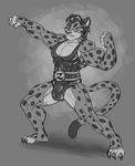  anthro belt biceps body_markings bulge cat claws clothing feline flexing fur hair leopard leotard looking_at_viewer male mammal markings monochrome muscles pecs pose solo spots standing toe_claws toned 