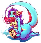  breasts chinese_text claws dragon ear_fins fangs female fur hair hindpaw inuki kneeling looking_at_viewer money nipples paws purple_hair red_eyes scalie smile solo tail_tuft text thick_tail thighs toon tuft yellow_belly yellow_scales 