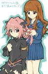  1girl :&gt; astolfo_(fate) black_legwear braiding_hair brown_eyes brown_hair crossdressing dress fate/apocrypha fate/extra fate_(series) garter_straps hair_ribbon hairdressing kihiro kishinami_hakuno_(female) long_hair otoko_no_ko pink_eyes pink_hair ribbon school_uniform serafuku sitting smile thighhighs translated tsukumihara_academy_uniform_(fate/extra_ccc) 