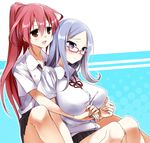  atago_hiroe atago_kinue blue_hair blush breasts glasses himematsu_school_uniform hug kenao large_breasts long_hair multiple_girls ponytail red_eyes red_hair ribbon saki siblings sisters sitting 