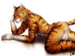  all_fours anthro balls biceps big_muscles butt dream_and_nightmare feline fur green_eyes looking_at_viewer lying male mammal markings muscles nude on_front orange_fur plain_background presenting side_view socks_(marking) solo stripes tiger white_background 