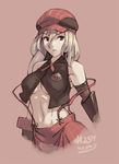  2013 alisa_ilinichina_amiella bare_shoulders breasts dated detached_sleeves god_eater god_eater_burst hat junkpuyo long_hair medium_breasts midriff navel simple_background skirt solo suspender_skirt suspenders underboob 