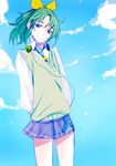  arms_behind_back cloud day green_hair headphones midorikawa_nao nanairogaoka_middle_school_uniform precure school_uniform skirt sky smile smile_precure! solo tima 