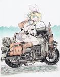  bag blonde_hair boots green_eyes ground_vehicle gun hair_ribbon kagamine_rin motor_vehicle motorcycle okiraku_nikku ribbon rifle shorts sleeping_bag traditional_media vocaloid weapon 