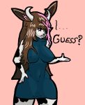 5_fingers absurd_res anthro bangs big_breasts big_ears bovid breasts brown_hair clothing colored colored_fingernails colored_nails confusion dialogue english_text female fingernails fingers fur hair hesitation hi_res highlights_(coloring) horn humanoid hybrid lagomorph lani_(lanidesu) lanidesu mammal markings nails navy_blue_clothing nipple_outline pink_hair shaded simple_background simple_coloring simple_shading solo spots spotted_body spotted_fur text thick_thighs tight_clothing white_body white_fur wide_hips