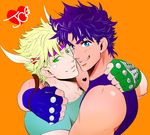  bad_id bad_pixiv_id bare_shoulders blonde_hair blue_eyes blue_hair caesar_anthonio_zeppeli facial_mark feathers green_eyes hair_feathers headband hug jojo_no_kimyou_na_bouken joseph_joestar_(young) multiple_boys yoshii_daisy 