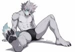  4_toes abs akaro_(lukiro) anthro barefoot black_pawpads bulge canid canine canis claws feet foot_focus fur grey_body grey_fur heterochromia humanoid_feet hybrid lukiro male mammal nipples pawpads paws piercing plantigrade plantigrade_pawpads procyonid raccoon soles solo spread_legs spreading stretching toes wolf 
