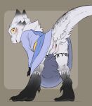 anthro bent_over black_body black_fur black_vulva blush body_blush butt clothed clothing eyelashes ezra_(anunusedaccount) female female_anthro flamespitter fluffy fluffy_tail freckled_ears freckled_face freckled_tail freckles fur fur_markings furred_kobold furred_scalie genitals gradient_fur hi_res kobold looking_at_viewer looking_back low-angle_view markings neck_tuft no_underwear non-mammal_vulva plump_labia presenting presenting_hindquarters rear_view robe scalie simple_background smile solo tail thick_tail thick_thighs tuft upskirt vulva vulva_blush white_body white_fur yellow_eyes