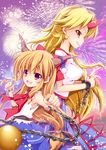  blonde_hair brown_hair chain cuffs enjoy_mix fireworks horn horn_ribbon horns hoshiguma_yuugi ibuki_suika long_hair multiple_girls purple_eyes ribbon shackles sleeveless touhou very_long_hair yellow_eyes 