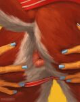 5_fingers abstract_background absurd_res aj_(mawbot) anthro anus balls boyfriend/girlfriend brown_body brown_fur butt butt_grab canid canine canis clothed clothing colored_fingernails colored_nails cynthia_diaz domestic_dog dominant dominant_female duo female fingernails fingers forced fur genitals grabbing_partner hand_on_butt hi_res jockstrap jockstrap_only male male/female mammal mawbot multicolored_body nails perineum presenting_partner raised_tail spread_butt spreading tail topless underwear underwear_only white_body white_fur yellow_body yellow_fur