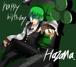  bad_id bad_pixiv_id birthday blazblue character_name couch crossed_legs fedora fingerless_gloves fingernails gloves green_hair happy_birthday hat hazama male_focus mouth_hold necktie sitting solo yellow_eyes yuuno_(yuyu-p4) 