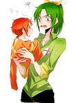  age_regression baby carrying green_eyes green_hair green_shirt hino_akane_(smile_precure!) midorikawa_nao multiple_girls open_mouth orange_eyes orange_shirt oversized_clothes precure red_hair ribbon shirt short_hair simple_background smile_precure! squiggle tima white_background younger 