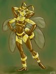  4_arms ambiguous_gender antennae arthropod bee brown_body brown_sclera floating four_arms fur green_background hands_behind_head hands_on_hips humanoid insect insectoid lapinbeau multi_limb multiple_arms no_pupils plain_background translucent wings yellow_fur 