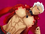  aoda_(aohebi0906) archer dark_skin dark_skinned_male fate/extra fate/extra_ccc fate_(series) grey_eyes jacket male_focus nipples open_clothes open_jacket parody red_jacket solo tears torn_clothes white_hair 