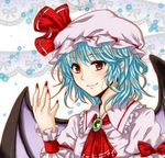  \||/ ascot bad_id bad_pixiv_id bat_wings blouse blue_hair brooch daisy fang fang_out fingernails flower hand_up hat hat_ribbon highres jewelry lace looking_at_viewer mob_cap nail_polish nekushiro open_hand outline red_eyes remilia_scarlet ribbon short_hair short_sleeves simple_background smile solo touhou upper_body white_background wings wrist_cuffs 