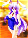  animal_ears blue_leotard bow bowtie breasts bunny_ears bunny_tail bunnysuit cleavage detached_collar engo_(aquawatery) highres large_breasts leotard long_hair necktie purple_hair red_eyes red_neckwear reisen_udongein_inaba solo tail touhou wrist_cuffs 