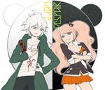  1girl blue_eyes crossed_arms danganronpa danganronpa_1 enoshima_junko grin hood hoodie komaeda_nagito long_hair nail_polish necktie pink_hair skirt sleeves_rolled_up smile spoilers super_danganronpa_2 taki_(k_ki_yo) twintails 