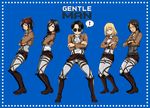  1boy 4girls ascot bad_id bad_pixiv_id black_hair blonde_hair boots brown_hair christa_renz emblem freckles gentleman_(psy) highres jacket levi_(shingeki_no_kyojin) mikasa_ackerman multiple_girls noeunjung93 paradis_military_uniform parody pose psy sasha_braus shingeki_no_kyojin sunglasses ymir_(shingeki_no_kyojin) 