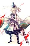  androgynous bad_id bad_pixiv_id blue_eyes boots cis_(carcharias) genderswap genderswap_(ftm) hat japanese_clothes kariginu male_focus mononobe_no_futo seven-branched_sword silver_hair simple_background solo sword tate_eboshi touhou weapon wide_sleeves 