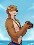anthro body_hair brown_body brown_fur camera chase_hunter chest_tuft clothed clothing cute_fangs digital_camera echo_(game) echo_(series) echo_project eyebrows facial_hair facial_markings fangs fur goatee happy_trail head_markings head_tuft hi_res male mammal markings multicolored_body multicolored_fur mustelid muzzle_(marking) nipples otter pink_nipples sea sky solo straps swimming_trunks swimwear tail tan_body tan_fur teeth topless topless_anthro topless_male tuft two_tone_body two_tone_fur ventkazemaru water whisker_spots whiskers