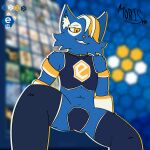 1:1 absurd_res anthro biped blonde_hair blue_body blue_fur domestic_cat e621 felid feline felis femboy fur hair hair_over_eye hexerade hi_res looking_at_viewer looking_down looking_down_at_viewer male male/male mammal mascot mischievous_smile moris_mano sitting slim smile smiling_at_viewer solo white_hair yellow_eyes