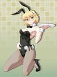  animal_ears bad_id bad_pixiv_id blonde_hair blush bow bowtie breasts bunny_ears bunny_girl bunny_tail bunnysuit cleavage detached_collar fake_animal_ears fishnet_pantyhose fishnets green_eyes high_heels kneeling leotard medium_breasts mizuhashi_parsee ootsuki_wataru pantyhose pointy_ears shoes short_hair solo sweatdrop tail touhou tray wrist_cuffs 