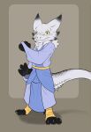 anthro bandage bandaged_foot black_body black_fur clothed clothing defensive_stance eyelashes ezra_(anunusedaccount) female flamespitter fluffy fluffy_tail freckled_ears freckled_face freckled_tail freckles fur fur_markings furred_kobold furred_scalie gradient_fur hi_res kobold markings neck_tuft pose pupils robe scalie simple_background slit_pupils solo tail thick_tail tuft white_body white_fur yellow_eyes