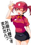  ;d brand_name_imitation breasts brown_eyes brown_hair employee_uniform fast_food_uniform hataraku_maou-sama! highres large_breasts looking_at_viewer one_eye_closed open_mouth polo_shirt sasaki_chiho smile solo sw twintails uniform v visor_cap 