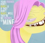  ambiguous_gender blue_eyes buckteeth english_text equine eyeshadow fangs female feral fluttershy_(mlp) friendship_is_magic fur green_eyes hair horse long_hair lyrics makeup mammal my_little_pony netherlips pink_hair plain_background pony smile solo teeth text yellow_fur 