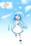  blue_eyes blue_hair dress hat highres ikamusume k.u.n.e. kite long_hair shinryaku!_ikamusume tentacle_hair 