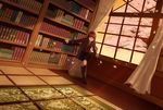  bookshelf brown_eyes brown_hair fate/extra fate/extra_ccc fate_(series) highres kishinami_hakuno_(female) long_hair mizukai school_uniform serafuku thighhighs tsukumihara_academy_uniform_(fate/extra_ccc) window 