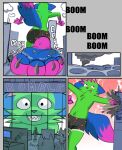 absurd_res alwhiteberry anthro city city_destruction cityscape clothed clothing comic destruction don't_touch_my_pizza_(meme) extreme_size_difference feet foot_fetish foot_focus foot_play group hi_res kevin_(nyanwolf) macro male nyanwolf pawpads paws size_difference soles stuck_to_foot trampling underfoot underwear underwear_only