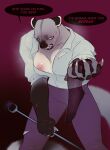 anthro bdsm black_background blood bodily_fluids bottomwear brat_taming breasts cattle_prod clothing cougar dominant dominant_anthro dominant_female felid feline female female_anthro gradient_background hi_res holding_clothing holding_object legwear magenta_background mammal musk musk_cloud nipple_slip nipples pants red_background sadism scratches shirt simple_background solo standing stockings sweat sweatdrop talking_to_another topwear vyvs wounded