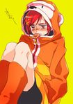  animal_costume blush hands_in_pockets hino_akane_(smile_precure!) mouth_hold orange_shirt precure red_eyes red_hair shirt short_hair simple_background smile_precure! solo tears tima yellow_background 