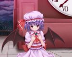  analog_clock ascot bat_wings brooch clock fang hat hat_ribbon jewelry lavender_hair lely light_smile looking_at_viewer mob_cap mountain outdoors railing red_eyes red_string remilia_scarlet ribbon roman_numerals short_hair skirt skirt_set solo string touhou twilight wings 