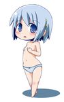  blue_eyes blue_hair blush chibi covering covering_breasts gerotan hair_ornament hairclip looking_at_viewer mahou_shoujo_madoka_magica miki_sayaka panties short_hair simple_background solo striped striped_panties topless underwear white_background 