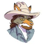 1:1 alpha_channel anthro bbqnboots40 beard brown_hair canid canine canis cel_shading clothed clothing cowboy_hat coyote eye_bags eyebrows facial_hair fluffy fluffy_chest furrowed_eyebrows green_eyes hair hat headgear headshot_portrait headwear looking_at_viewer male male/male mammal medium_hair open_clothing open_shirt open_topwear pattern_clothing pattern_shirt pattern_topwear plaid plaid_clothing plaid_shirt plaid_topwear portrait raised_eyebrow rusty_(bbqnboots40) shaded shirt simple_background solo topwear transparent_background