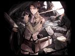  ascot belt black_eyes black_hair boots cape dual_wielding emblem holding kinw levi_(shingeki_no_kyojin) male_focus paradis_military_uniform ruins shingeki_no_kyojin solo survey_corps_(emblem) sword thigh_strap three-dimensional_maneuver_gear weapon 