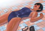  black_hair copyright_request lowres lvi lying one-piece_swimsuit open_mouth short_hair swimsuit 