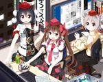  animal_ears black_eyes black_hair bottle brown_hair checkered computer desk hat highres himekaidou_hatate inubashiri_momiji long_hair looking_at_viewer multiple_girls office pom_pom_(clothes) purple_eyes ribbon ruu_(tksymkw) shameimaru_aya short_hair silver_hair sitting skirt smile tea tokin_hat touhou twintails window wings 