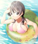  bare_shoulders bikini black_hair breast_rest breasts brown_eyes cleavage from_above innertube jindai_komaki large_breasts long_hair looking_at_viewer low_twintails onsoku_maru partially_submerged saki smile solo swimsuit twintails water 