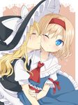  alice_margatroid black_dress blonde_hair blue_dress blue_eyes blush capelet cheek_kiss closed_eyes dress hairband hat kirisame_marisa kiss long_hair multiple_girls one_eye_closed puffy_sleeves shirt short_hair touhou tsuno_no_hito wide_sleeves witch_hat yuri 