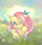  butterfly cyan_eyes equine erinliona female feral fluttershy_(mlp) friendship_is_magic fur grass hair horse insect long_hair mammal my_little_pony one_eye_closed outside pegasus pink_hair pony smile solo sun wings wink yellow_fur 